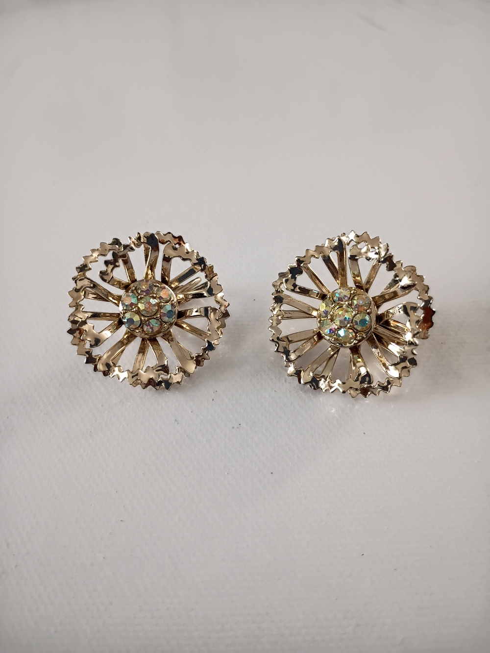 Vintage Sarah Cov Goldtone Floral Crystal Clip Earrings